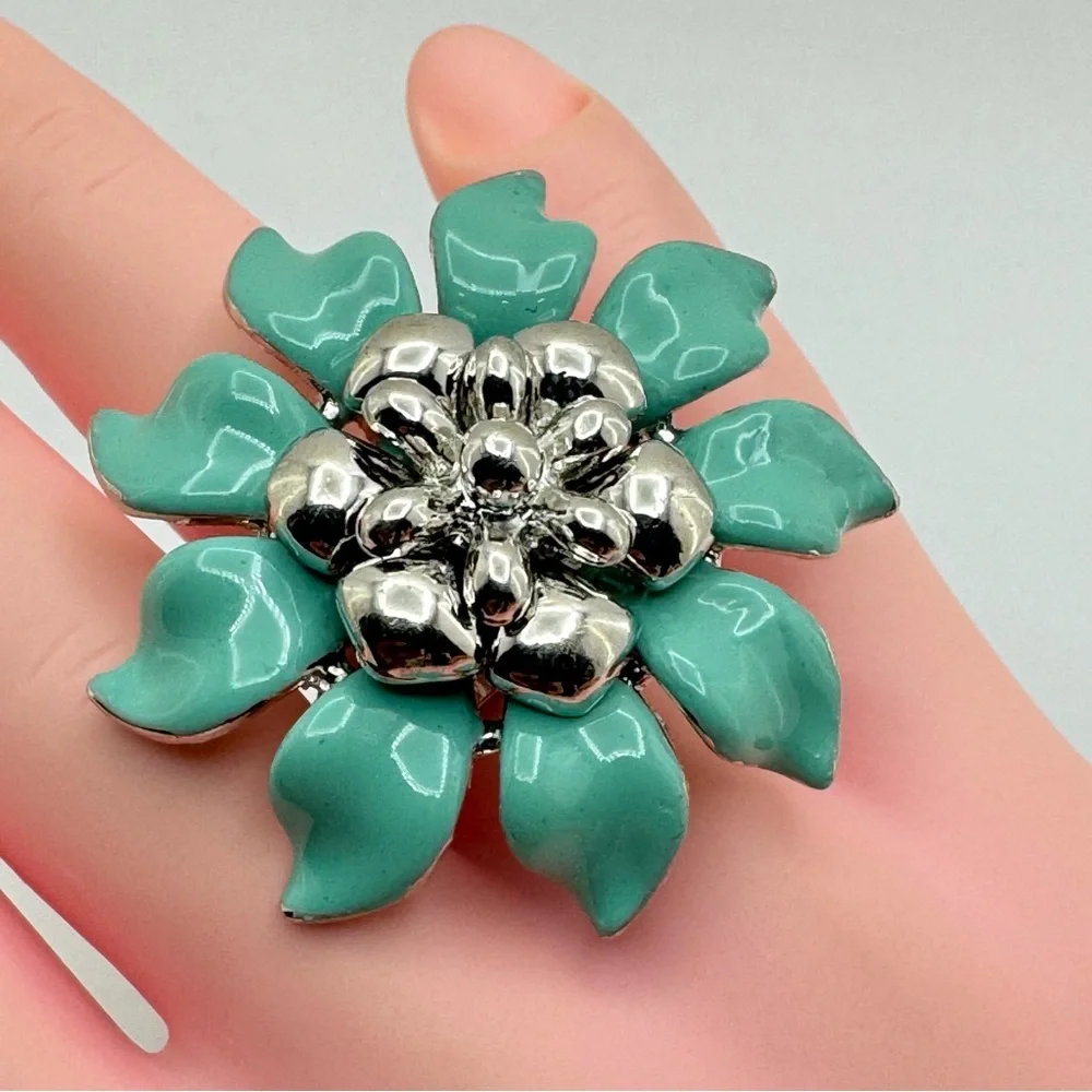 Turquoise Enamel Flower Ring Silver Tone Adjustable Statement